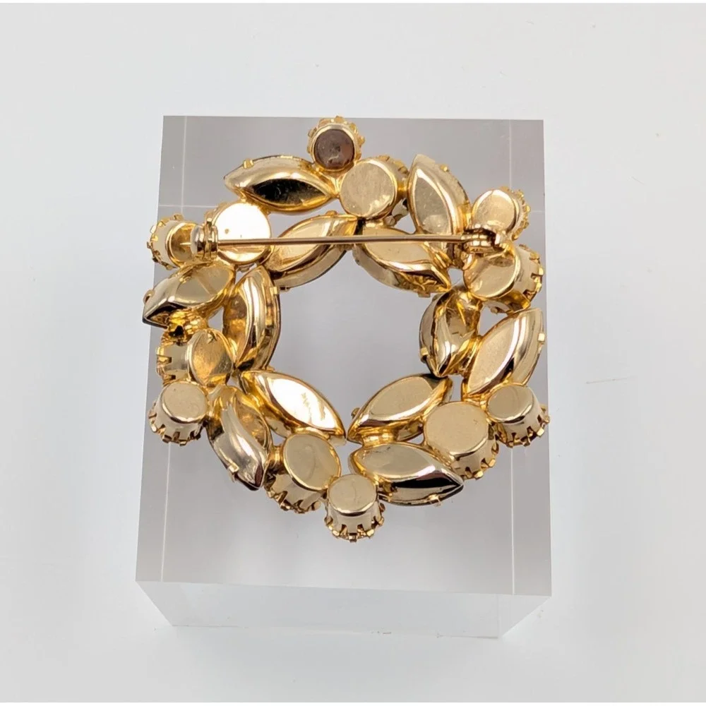Vintage Marquise Rhinestone Wreath Brooch Gold Tone‎ 3D Fall Autumn